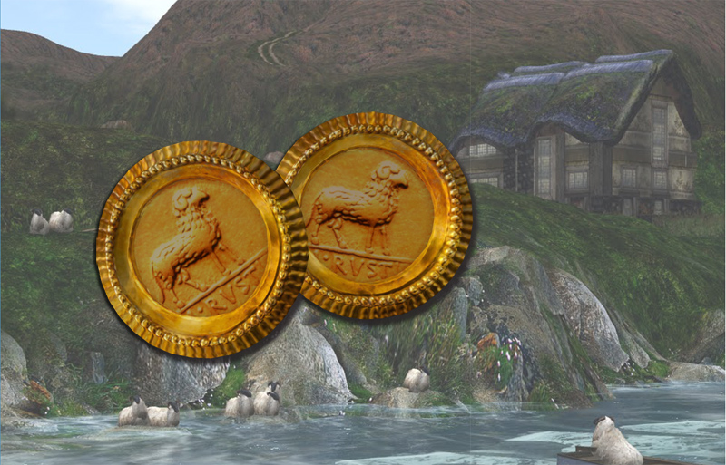 The golden sheep tokens - with a view of one of the Alchemy Immortalis sims behind, photographed by PJ Trenton