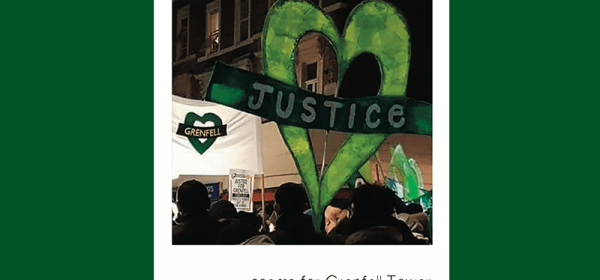 Image taken from the cover of the book, featuring a photograph of the monthly Grenfell silent walk, taken by Emily Clack Moulden of White City